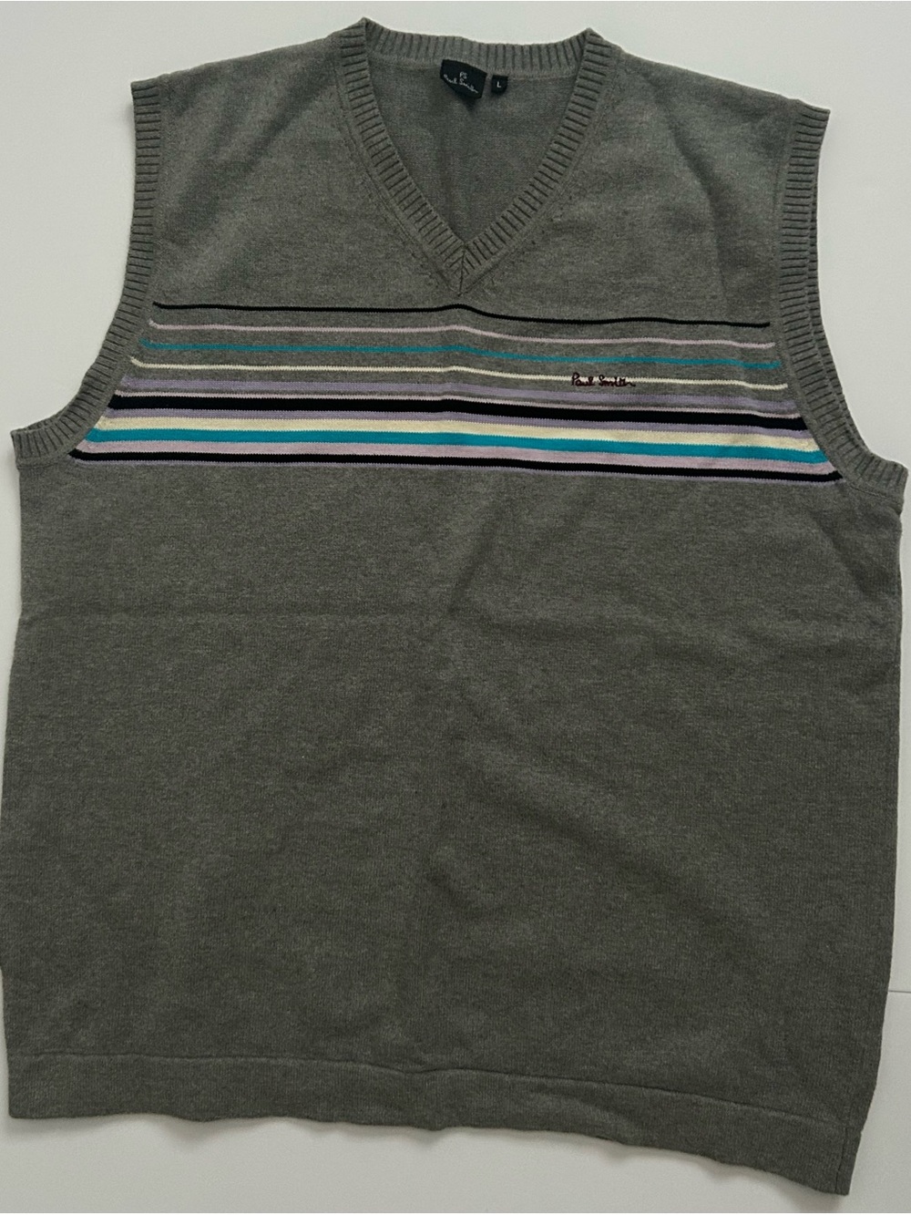 PS Paul Smith Men’s Gray Striped V-Neck Knit Sweater Vest Size L